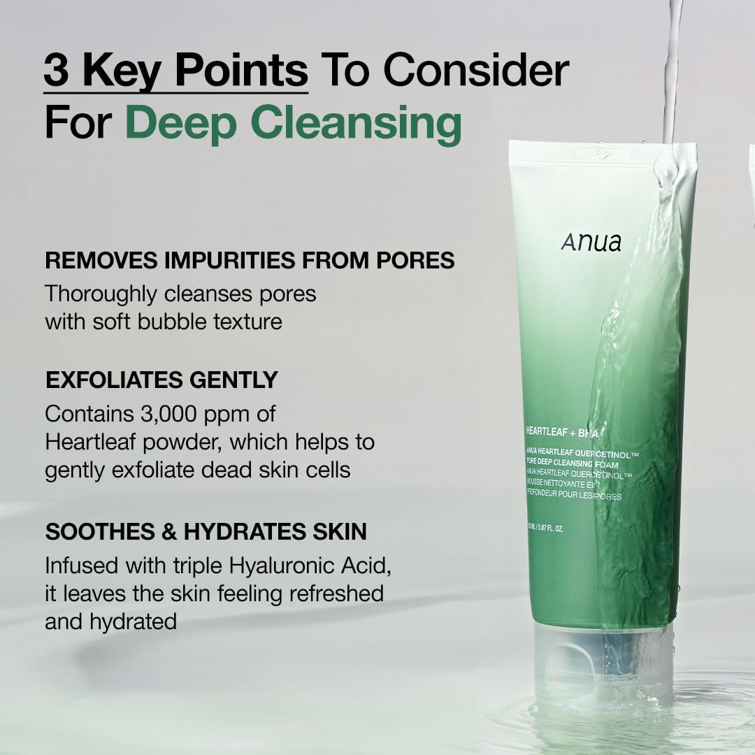 anua heartleaf quercetinol pore deep cleansing foam, face wash for pore refining cleanser, hydrating daily facial cleanser for double cleansing, gentle foaming with bha, korean skincare, 5.07 fl.oz. anua heartleaf quercetinol pore deep cleansing foam, face wash for pore refining cleanser, hydrating daily facial cleanser for double cleansing, gentle foaming with bha, korean skincare, 5.07 fl.oz.